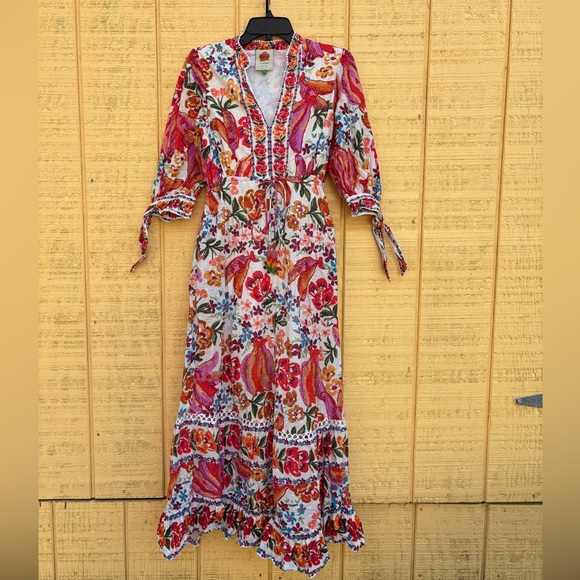 FARM Rio Dresses & Skirts - FARM Rio Pink Floral V-Neck Maxi Dress with Tie Sleeves